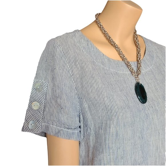 TAHARI Blue & White Linen Pinstripe Dress M - Picture 2 of 6